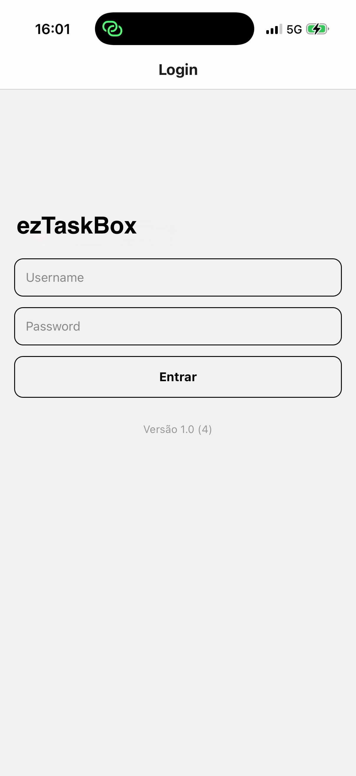 Ecrã de login da ezTaskBox