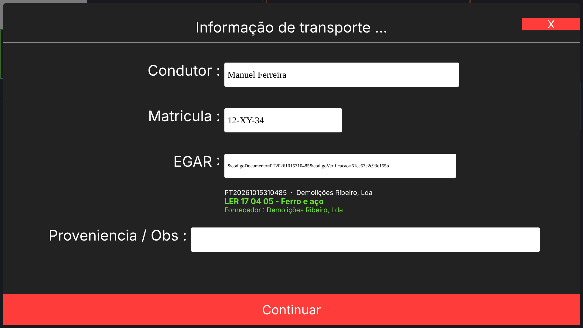 e-GAR lida, com código LER e fornecedor identificado